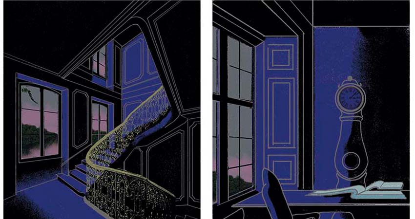 Cartoon. A staircase and an office