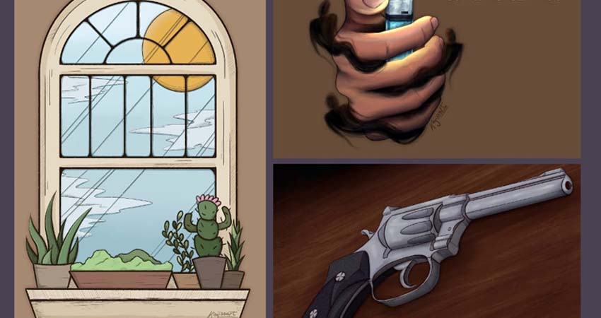 Dibuix d'una finestra, un encenedor i una pistola