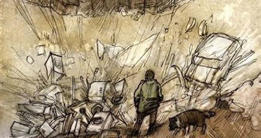 Poster detail. Drawing of a man and a dog in a landfill