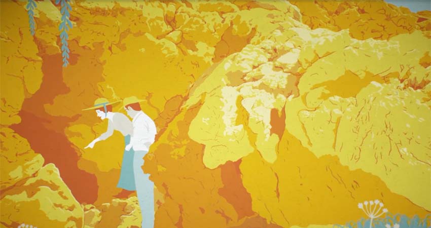 Drawing of a woman and a man looking at a cave