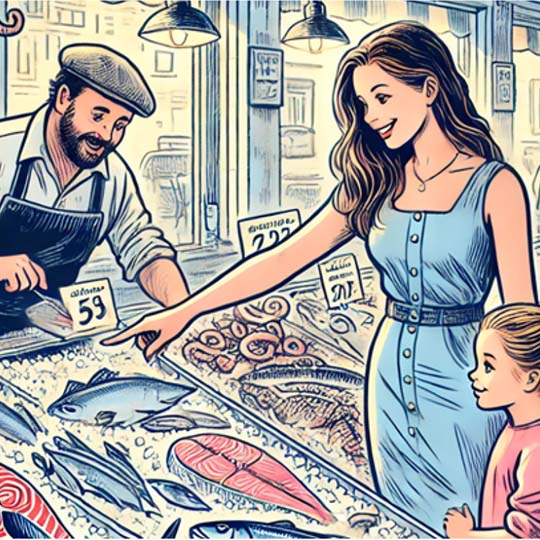 Dibuix d'un home, una dona i una xiqueta en el mercat