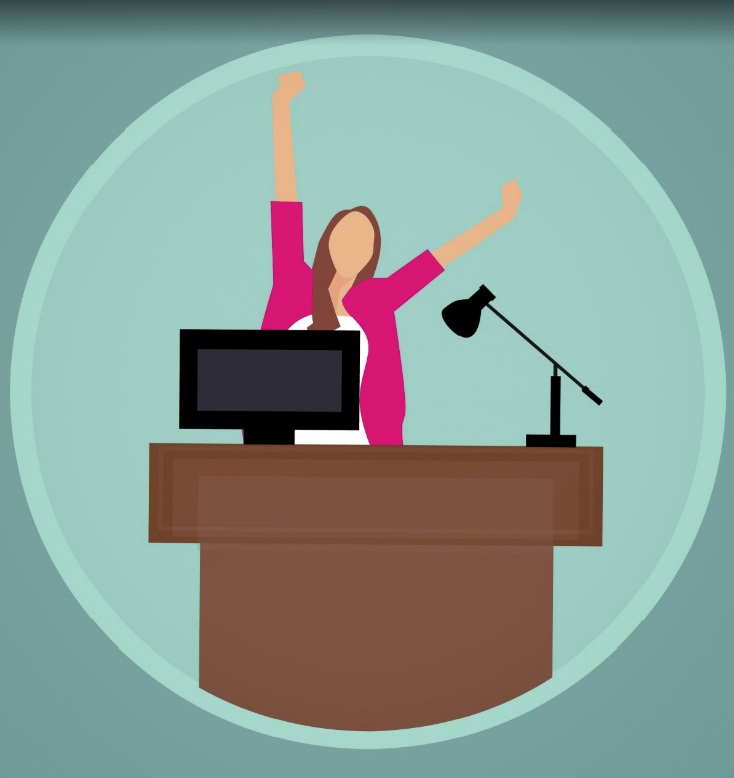 Woman with her arms raised behind a desk in an office