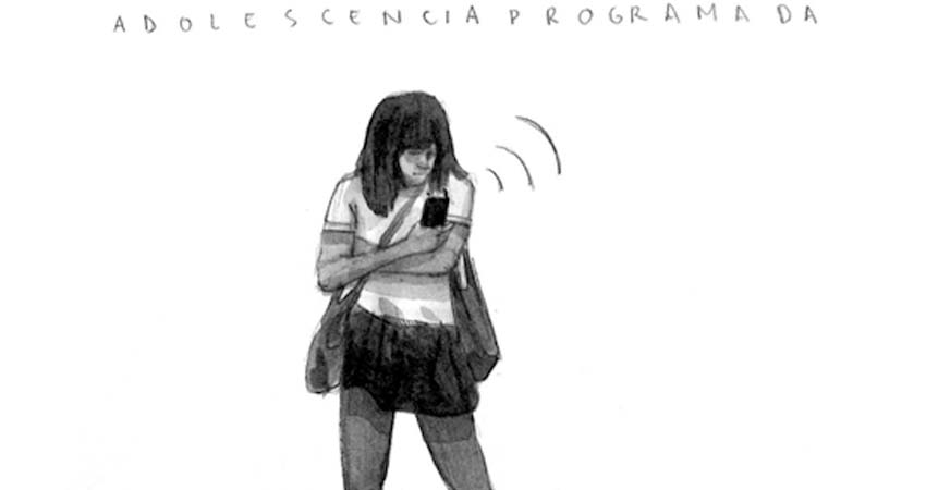 Dibuix d'una noia mirant el mòbil
