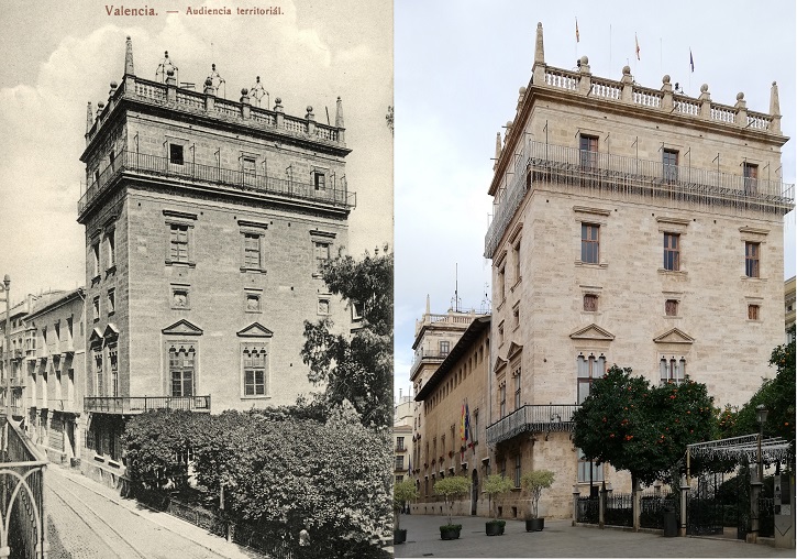 València. Audiència territorial. José Durá Pérez (ed.). Biblioteca Valenciana Nicolau Primitiu. Fons José Huguet. Valencia i el mateix edifici en l'actualitat.