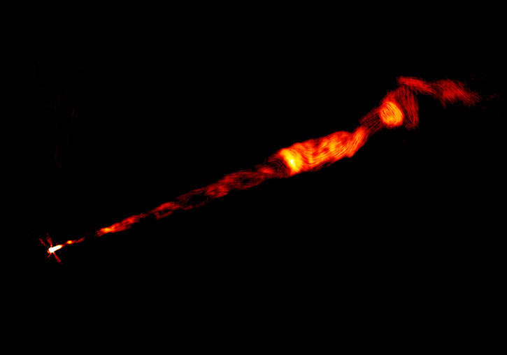 Imagen obtenida por el VLA del chorro de radio de M87, construido a partir de múltiples radiofrecuencias