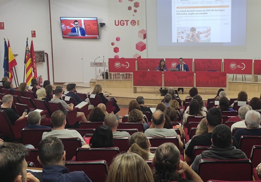 Presentación del informe en la sede de UGT-PV, con Adrián Todolí y Marisa Baena.