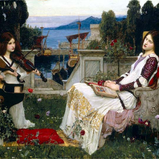 Detalle de un cuadro, dos mujeres interpretando música y otra en un sillón escuchando