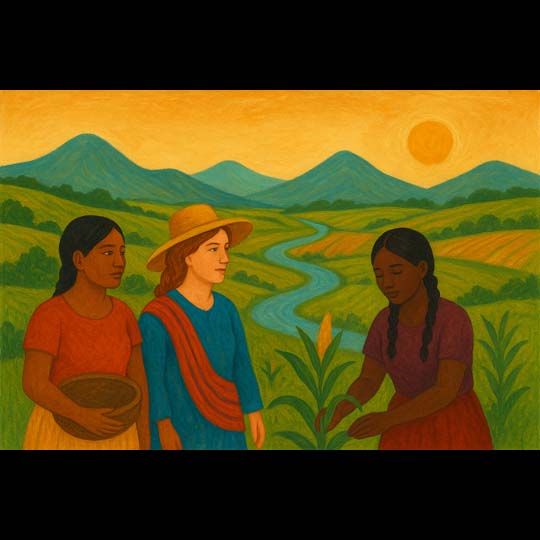 Dibujo de tres mujeres en el campo