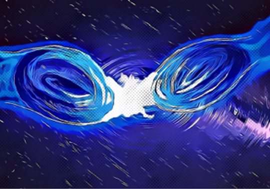 Pie foto: Ilustración de la fusión de dos estrellas de bosones. Crédito: Nicolás Sanchis-Gual y Rocío García Souto.