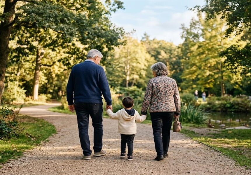 Dos abuelos caminando junto a su nieto de espaldas