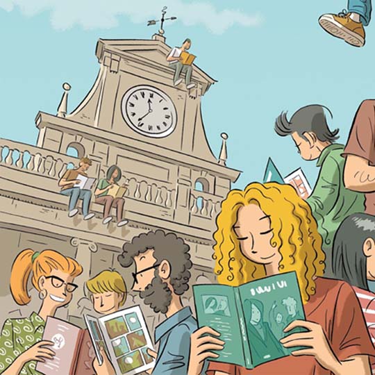 Viñeta de gente leyendo cómics