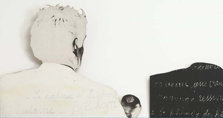 Drawing of a man looking at a sign
