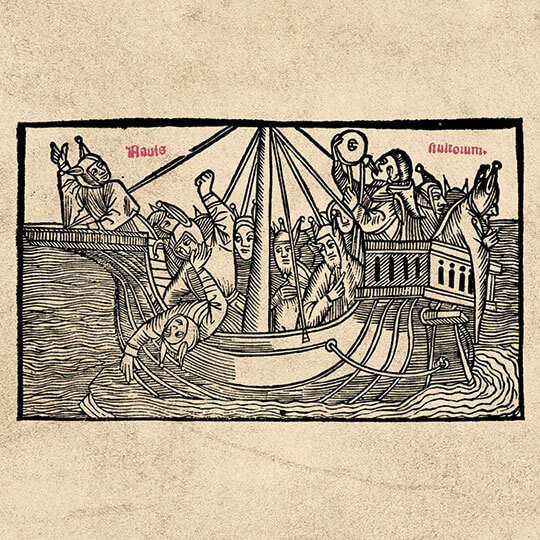 Gravat <em>Das Narrenschiff = Stultifera nauis, </em>Sebastian Brant, Publicació Georgius Wolff, París, 1499, col·lecció Biblioteca Històrica Universitat de València