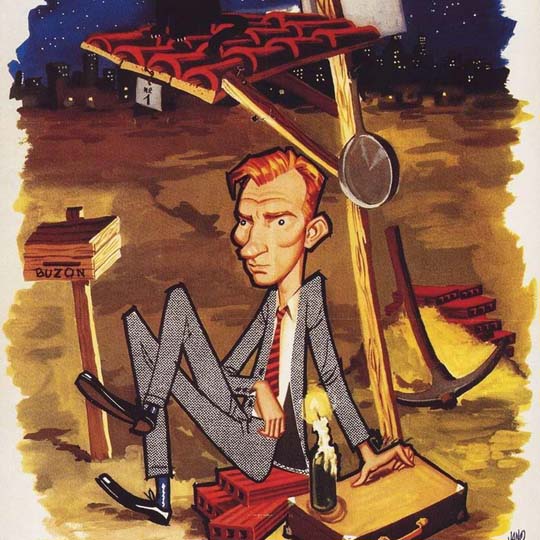 Detail of the poster. Drawing of a man sitting on the ground
