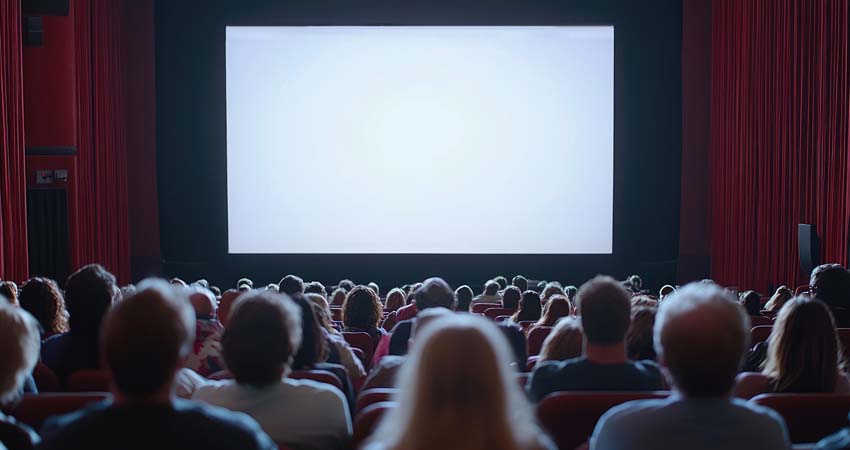 Audience in a movie theater watching a blank screen