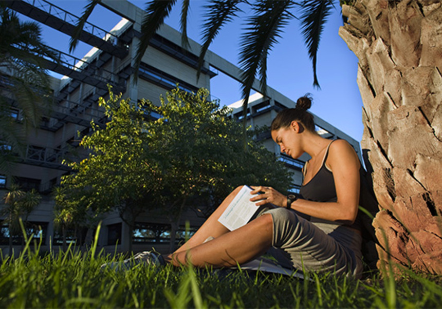 Persona leyendo un libro apoyada en un árbol