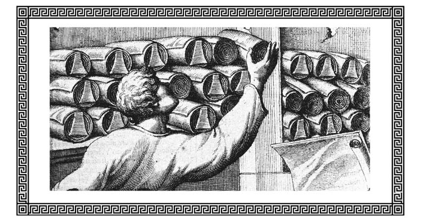 Drawing of a man picking up a scroll