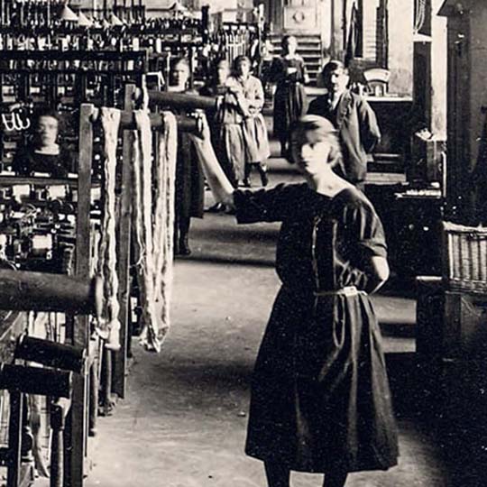 Detalle portada del libro. Personas en una fábrica de seda