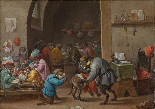 Monkeys studying in a classroom
