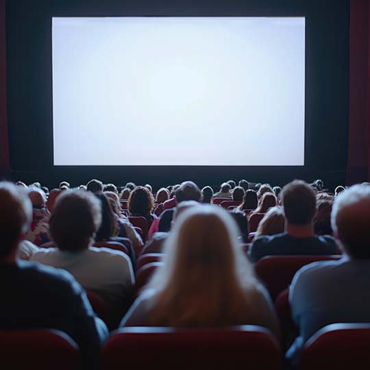 Publico en el cine mirando una pantalla en blanco