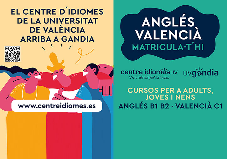 Cartell informatiu dels nous cursos del Centre d'Idiomes UV a Gandia.