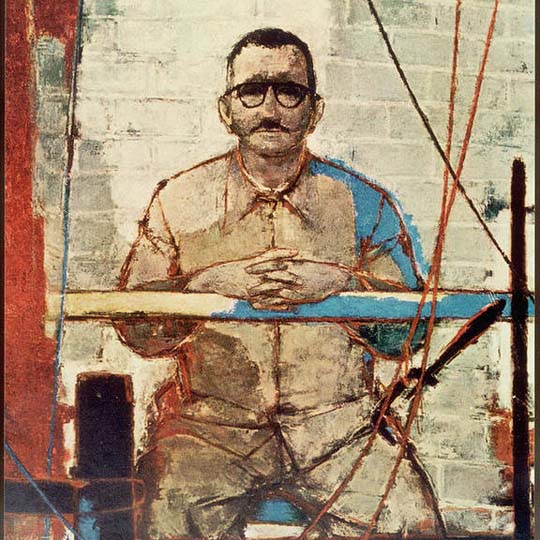 Drawing of a mural. A man on a scaffold