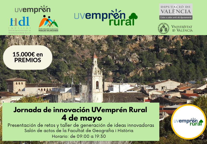 Abierta la inscripción en la jornada de innovación UVemprén Rural, dirigido a estudiantado de grado, máster y doctorado de la UV, con hasta 15.000€ en premios, dentro del convenio entre la Diputación de Valencia y nuestra universidad.