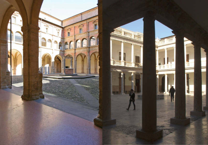 El complex universitari de San Giovanni in Monte a Bolonya (esquerra) i el claustre de l'edifici històric de la Universitat de València.
