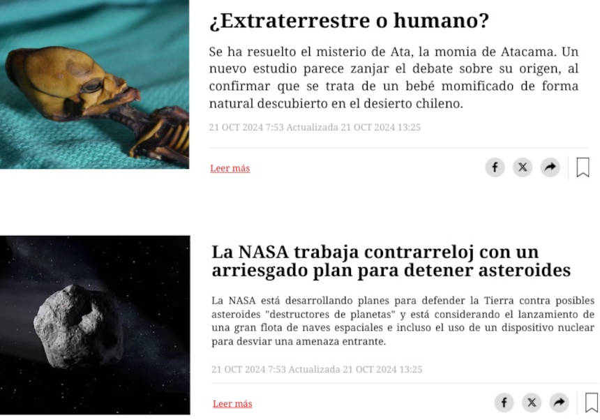 Noticia falsa (alienígena) vs noticia verdadera (asteroide).