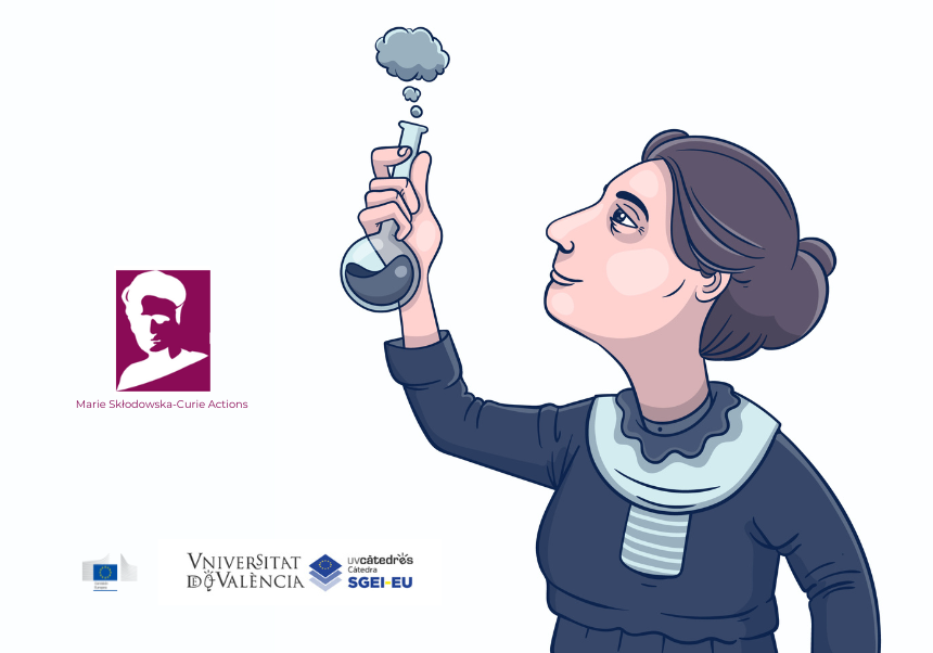 Ilustración de Marie Curie.