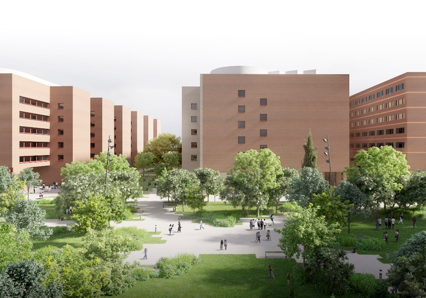 Fotografia del Campus de Tarongers, edificis i enjardinament.