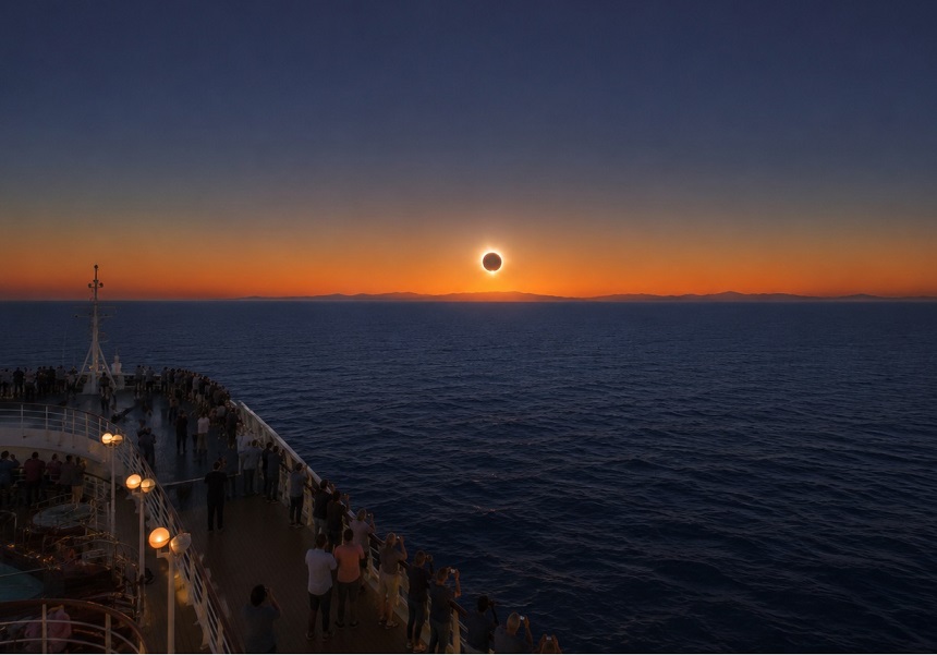 Recreación del eclipse solar del 12 de agosto desde alta mar. Imagen creada con IA.
