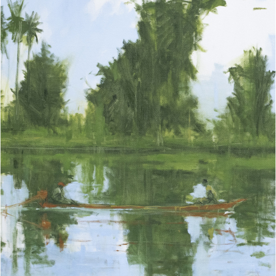 Pintura barca reflectida en l'aigua