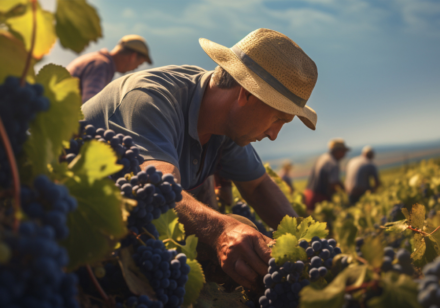 Day laborers harvesting grapes.