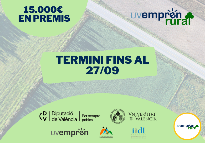 Abierto el plazo de presentación de solicitudes de los premios UVemprén Rural, convocados por el Vicerrectorado de Innovación y Transferencia y con hasta 15.000€ en premios.