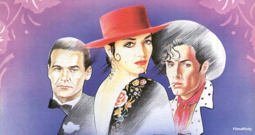 Detalle del cartel, dibujo de dos hombres y una mujer