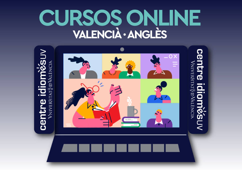 Imagen gráfica de los cursos en línea del Centre d'Idiomes UV para 2025-2026.