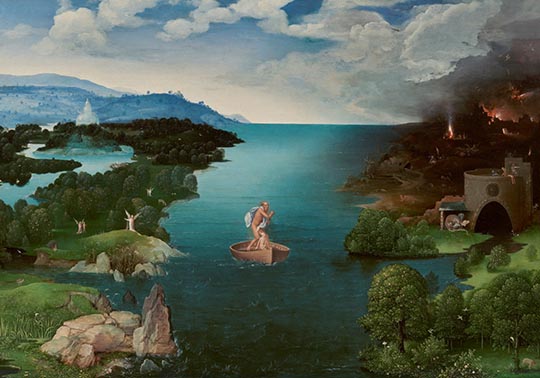 Charon crossing the Styx River on a boat