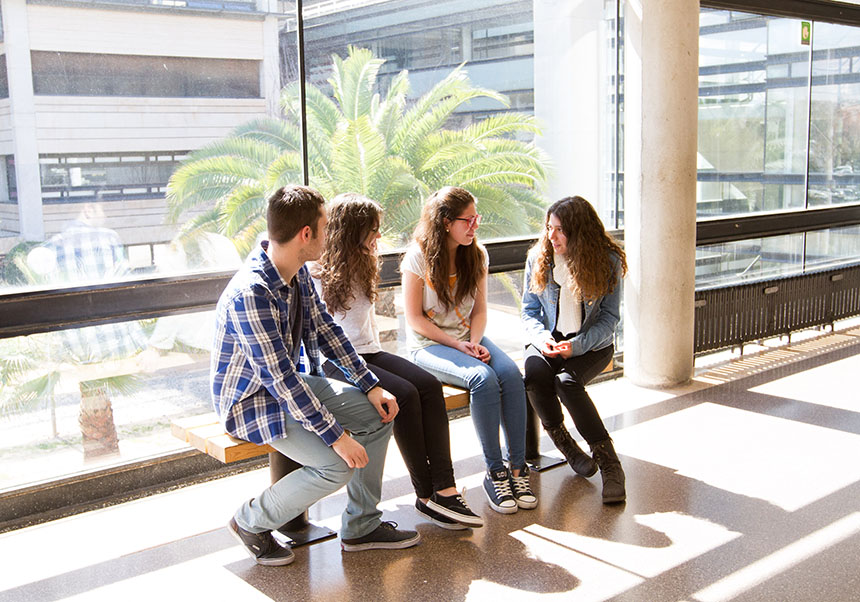 estudiantat sentat a un banc de la facultat