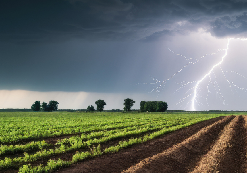 Rayo cayendo sobre un campo de cultivo.