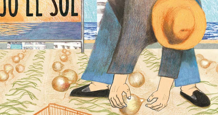 Detalle portada del libro, una persona trabajando en un huerto