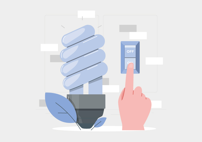 Infografia d'una bombeta i un comandament apagant un interruptor.