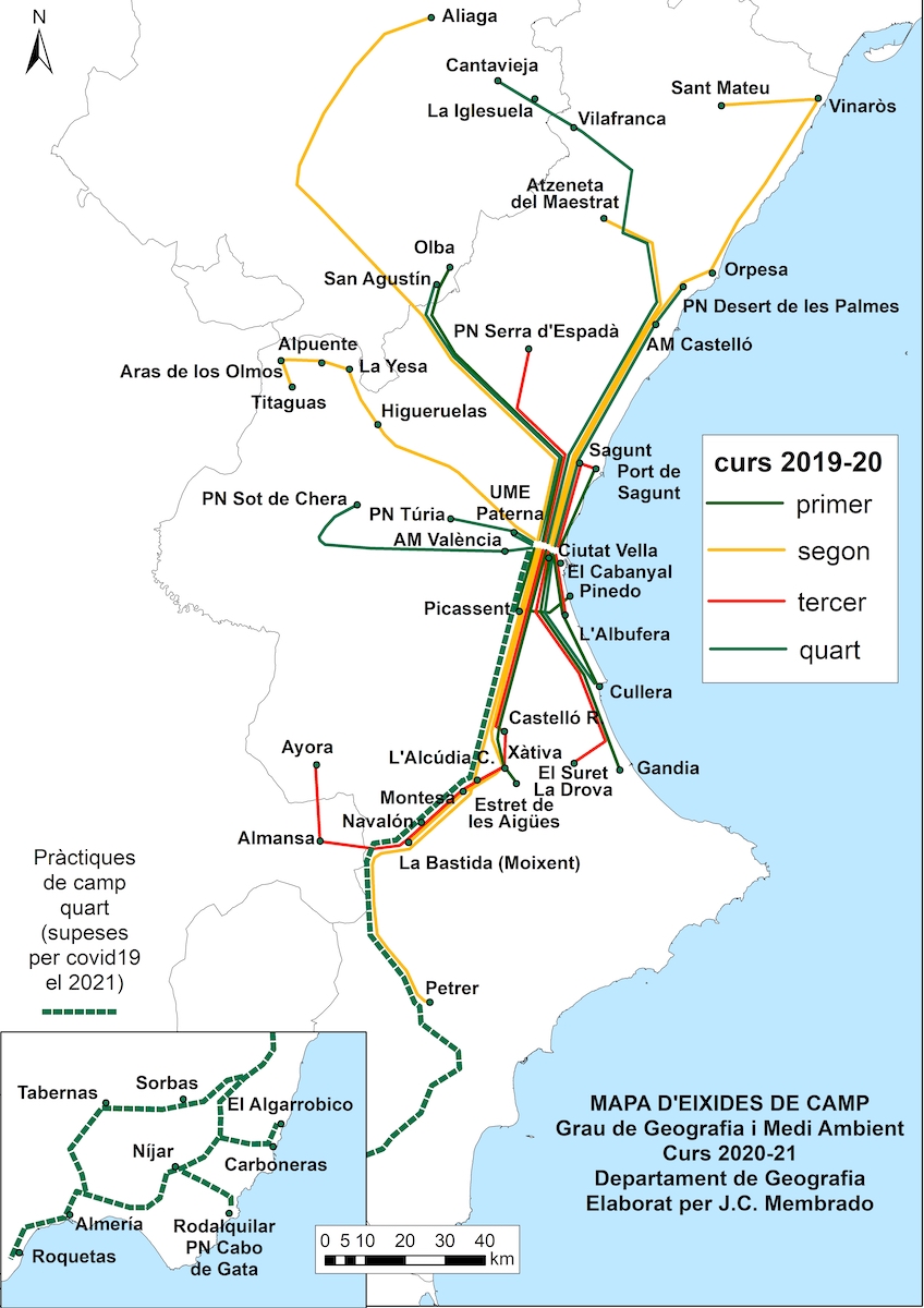 Mapa de las salidas de campo realizadas al grado en geografía y medio ambiente (2019/20)