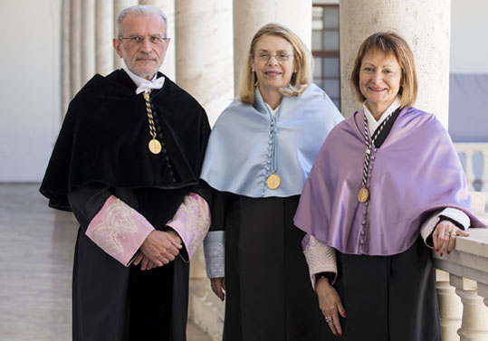 El rector Morcillo, la professora Schiebinger i la rectora electa Mavi Mestre