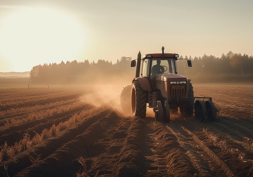 Tractor labrando un huerto.
