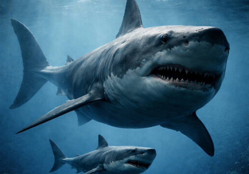 Female of <i>Otodus megalodon</i> with his child. Image generated by AI.