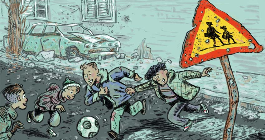 Drawing of children playing with a ball in the street