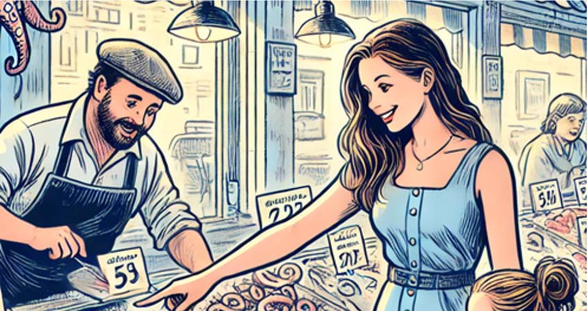 Dibuix d'un home, una dona i una xiqueta en el mercat