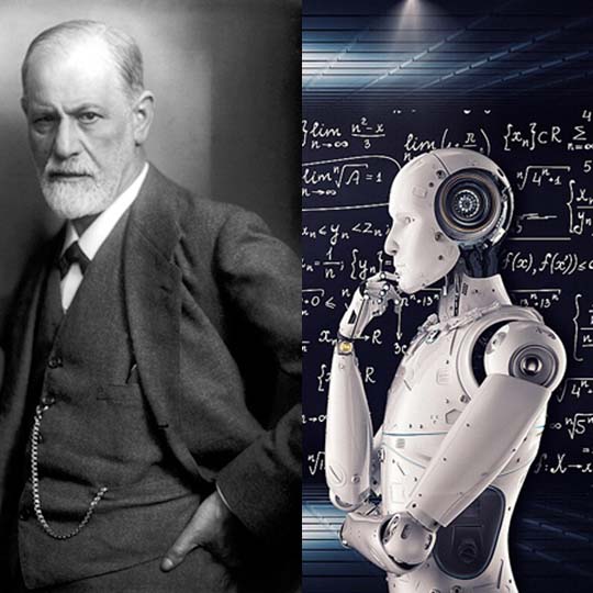 Foto de Sigmund Freud y de un robot delante de una ecuación