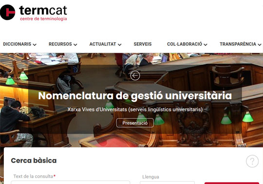 Captura de pantalla del web de la Nomenclatura de gestió universitària.